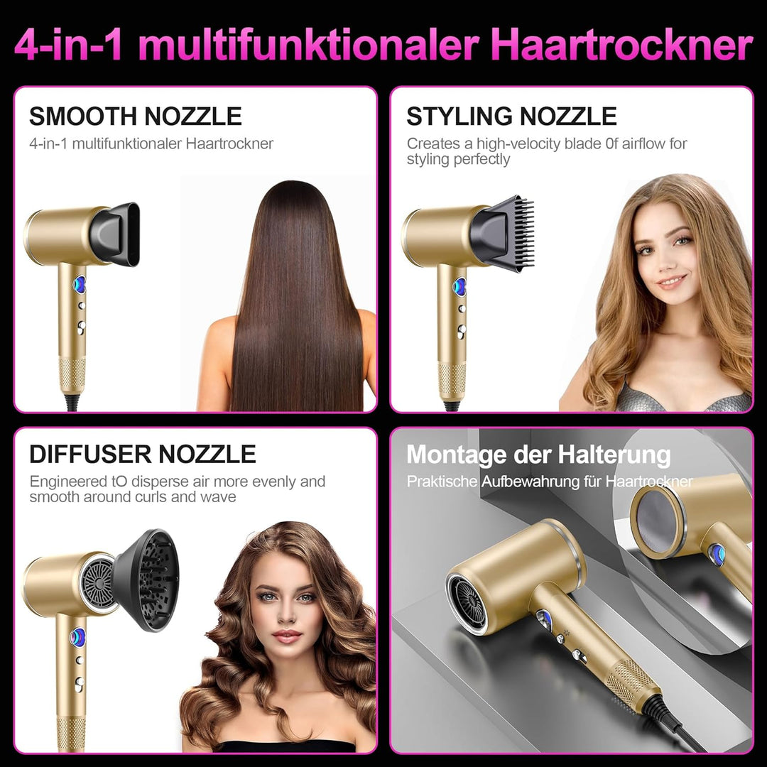 Tisoutec Föhn,Fön,Haartrockner Profi Ionen mit AC Motor 2400W Reisefön Diffusor|Haarfön 4-in-1|Heiss