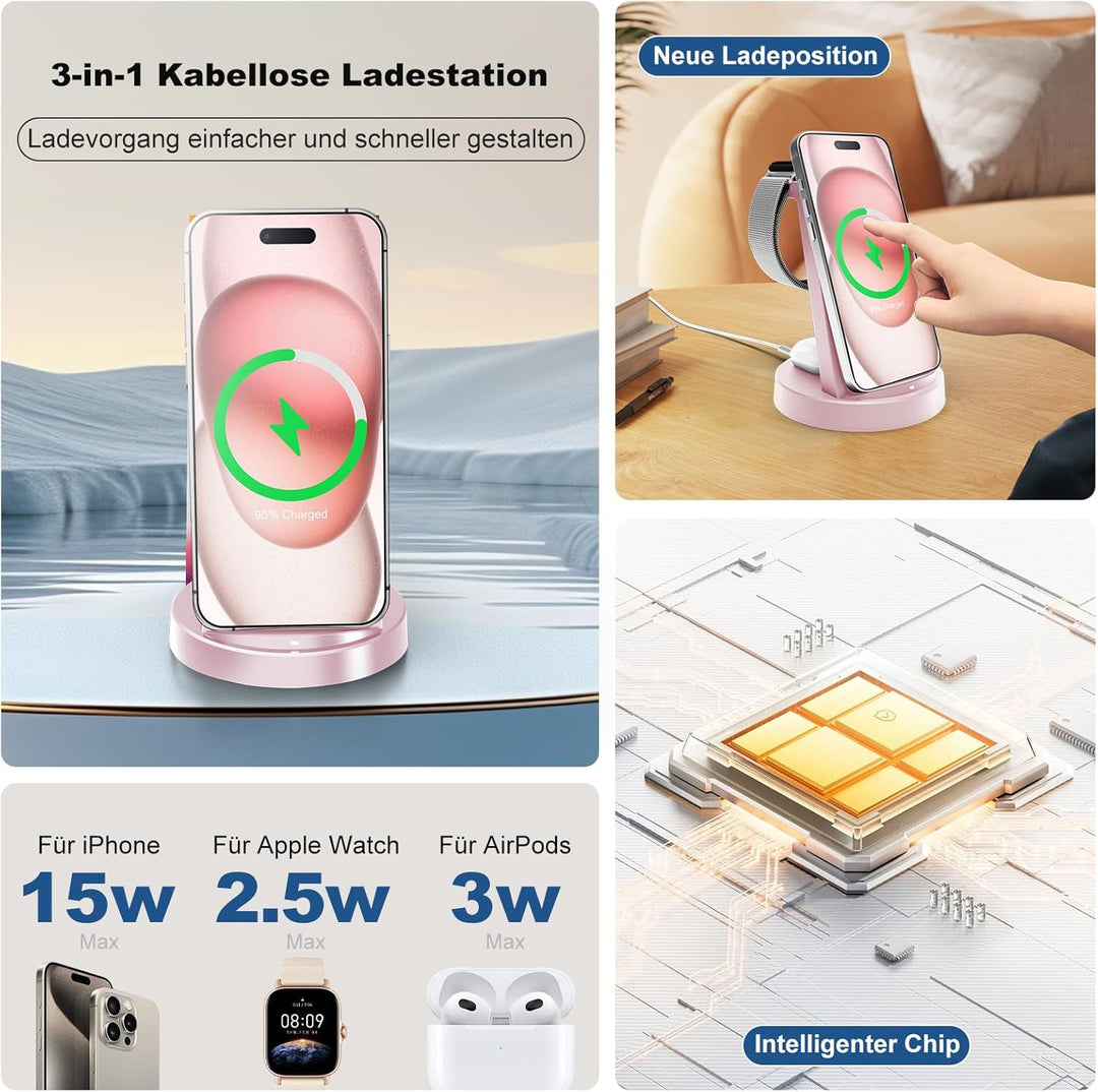 3 in 1 Ladestation Kabellos, 15W Schnellladegerät Wireless Charger Ständer für iPhone 17 Pro Max 16