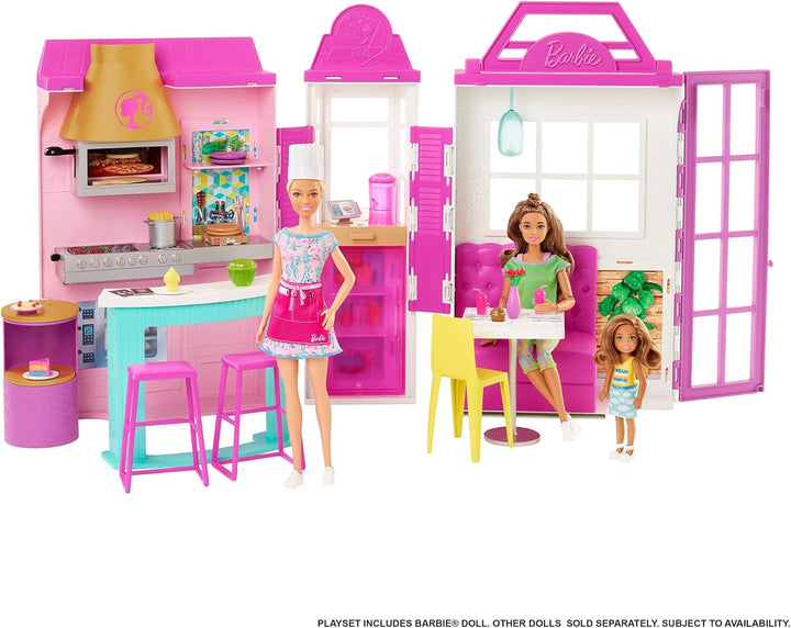 Barbie HBB91 - Cook'n Grill Restaurant Spielset, mit Köchin Puppe, Freundin und kleinem Mädchen, auf