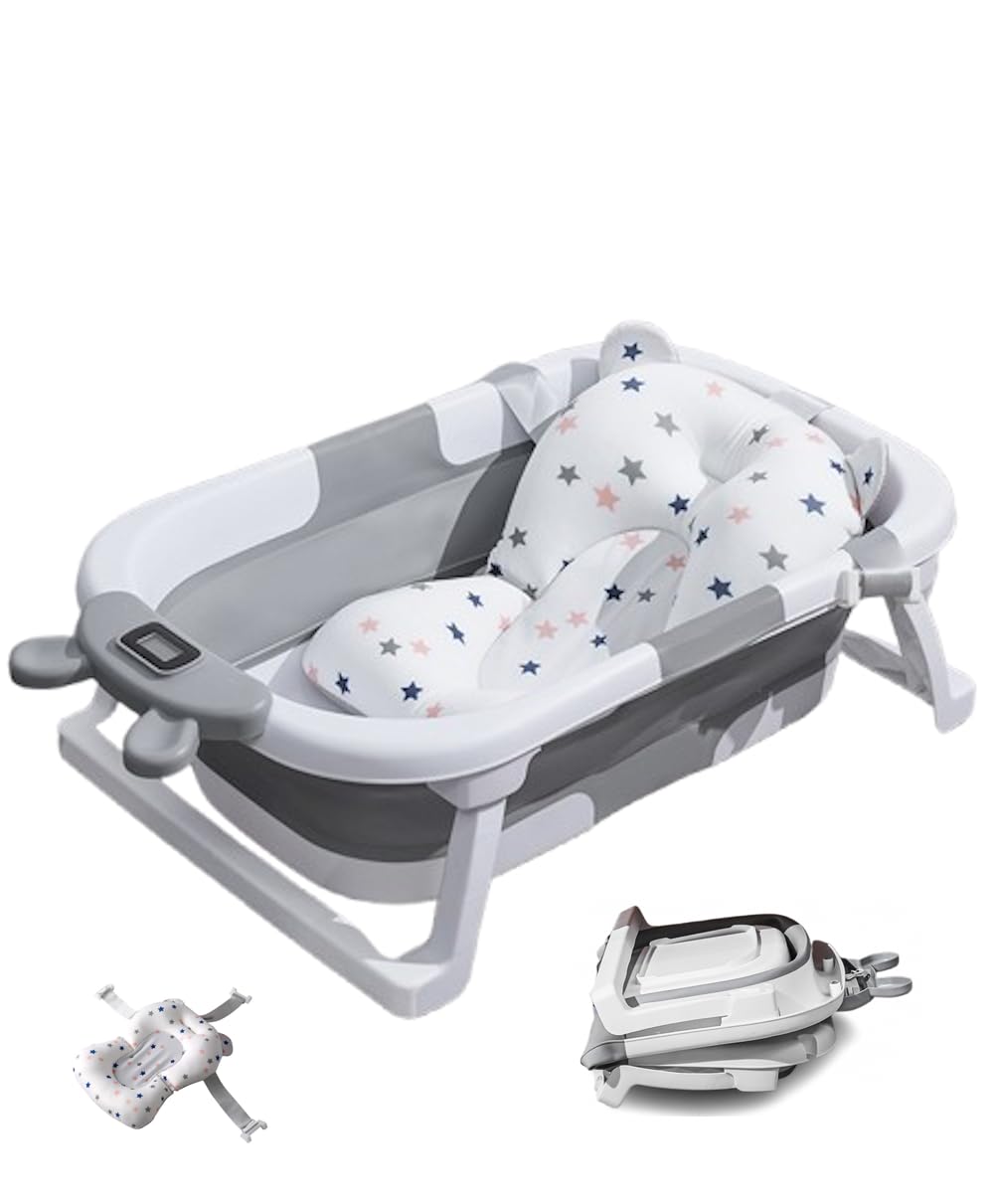 Faltbare Baby-Badewanne mit Echtzeit-Temperaturanzeige, Schwimmkissen & Abfluss, tragbare Reise-Bade