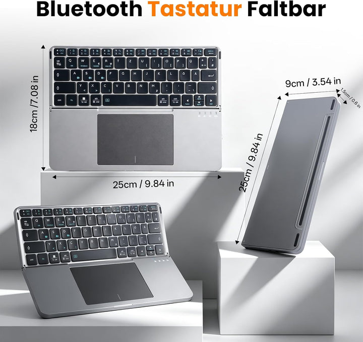 Faltbare Tastatur mit Touchpad, Bluetooth Tastatur Tablet, Tastatur Kabellos Leise mit Hüllenhalter,