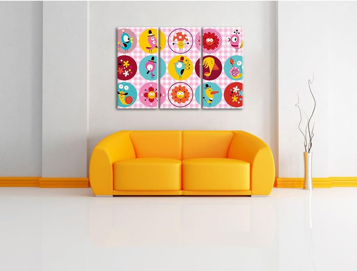 Pixxprint Lustige Tiere und Pflanzen als Leinwandbild/Grösse: 3 Teilig (120x80) cm/Wandbild/Kunstdru