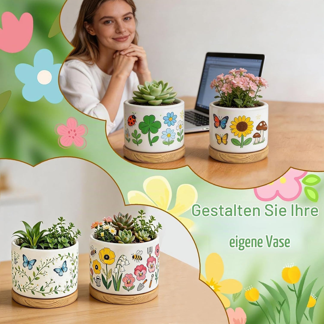 DIY-Keramik Bemalen Set Blumentopf zum Bemalen Kinder Blumentöpfe (Rund) | mit 2 Töpfen Gartenwerkze