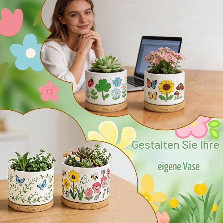 DIY-Keramik Bemalen Set Blumentopf zum Bemalen Kinder Blumentöpfe (Rund) | mit 2 Töpfen Gartenwerkze