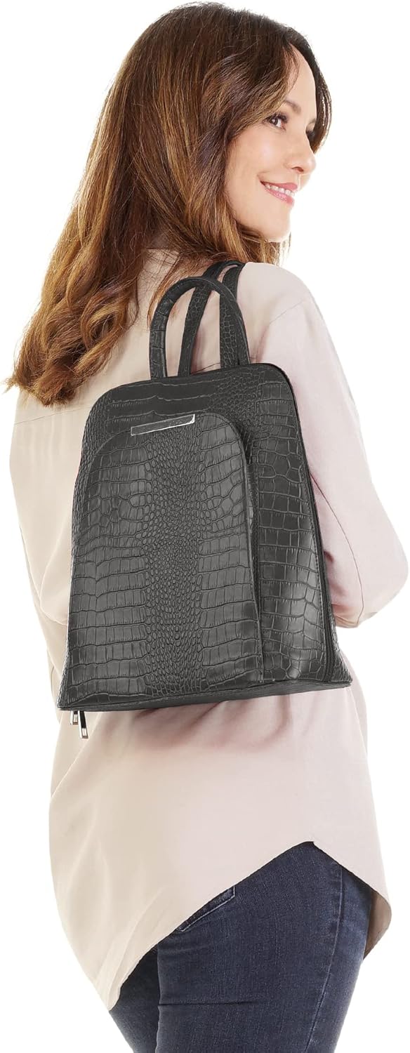 Rucksack Echt Leder Damen | Made in Italy, Smartphonefach, Daypack aus Rindleder, Citybag im Kroko-L