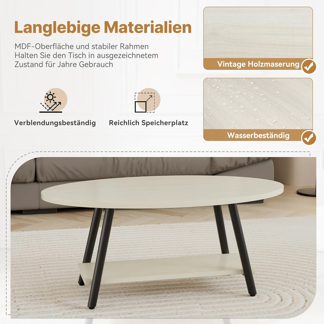 Runde Beistelltisch 2-Tier Couchtisch Tisch mit Stauraum Moderner Massivholztisch Metallrahmen für W