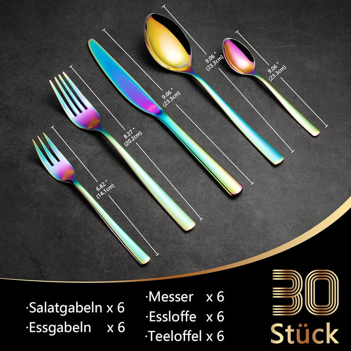 Besteck Set für 6 Personen, Essbesteck Set 30 teilig aus Edelstahl, Gabel Messer Löffel set, SpüLmas