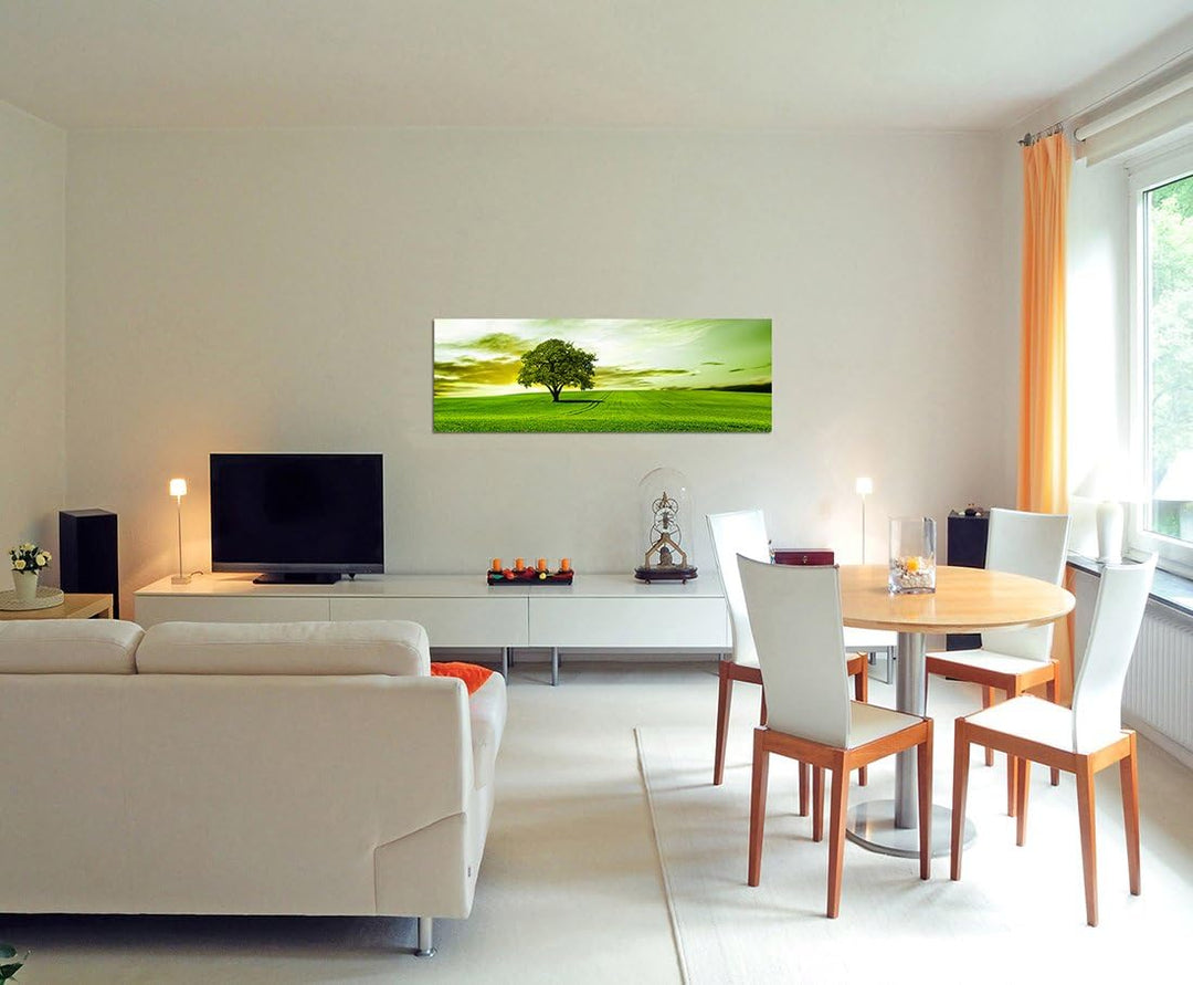 Paul Sinus Art Panoramabild auf Leinwand und Keilrahmen 120x40cm Landschaft Wiese Baum Wolkenschleie