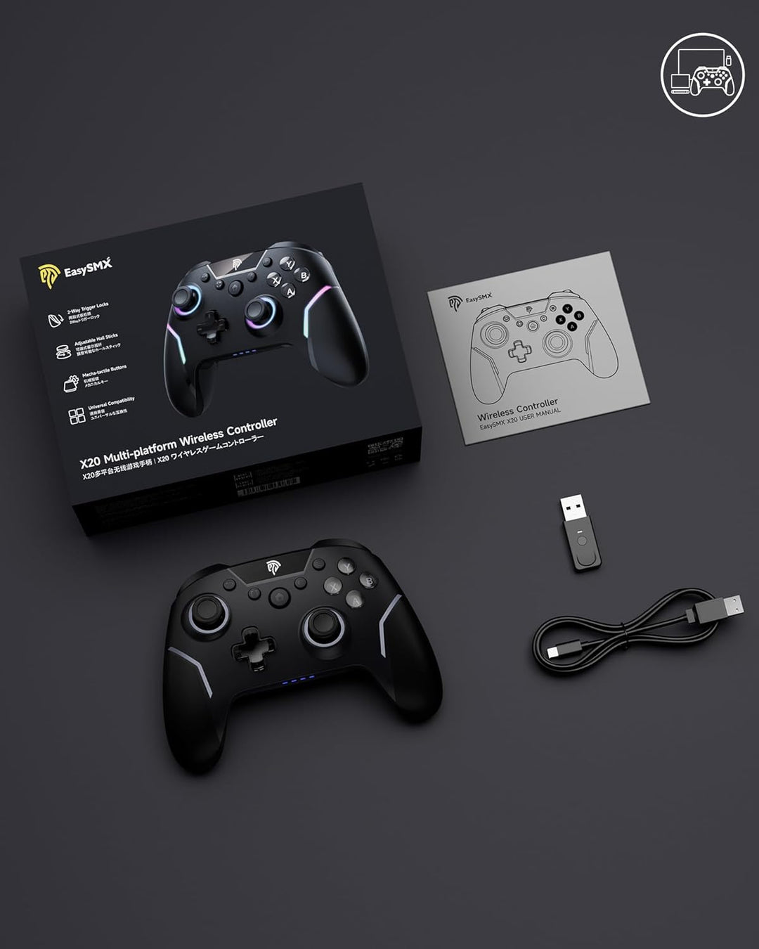 EasySMX X20 Wireless Controller PC mit RGB, Bluetooth Controller mit 2 in 1 Trigger & abnehmbare Hal