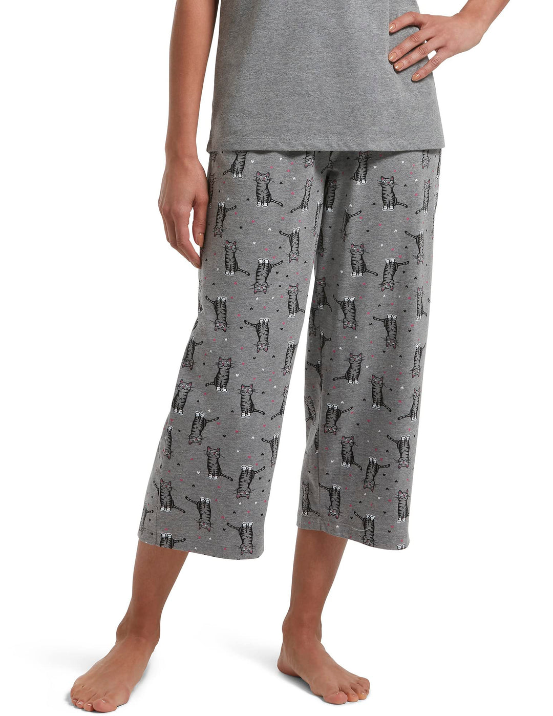 HUE Damen Printed Knit Capri Pajama Sleep Pant Pyjamahose, Medium Grey Heather/Sweet Kitty