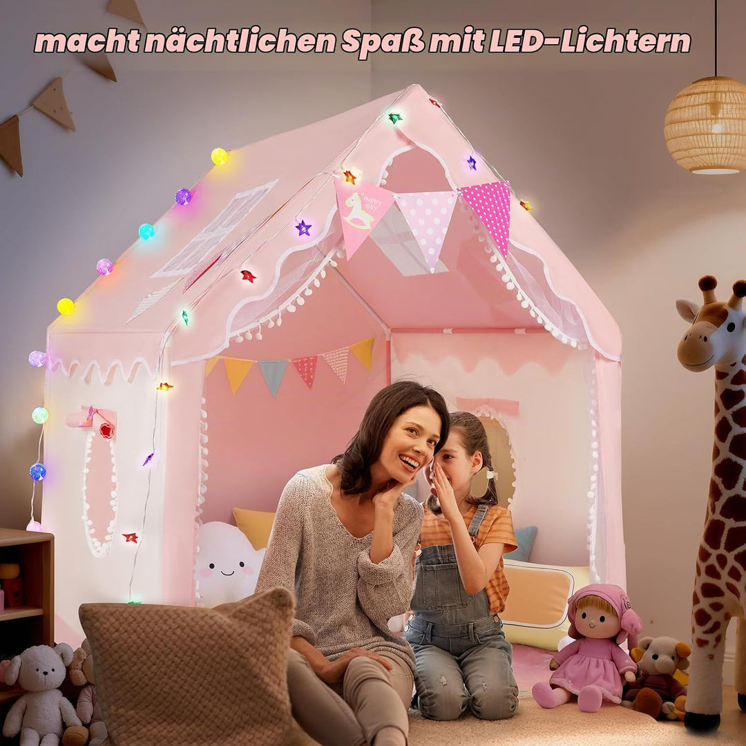 Kinder Spielzelt Hausform, mit LED Lichter &amp; Matte, innen &amp; aussen | Grosser Innenraum, reichhaltige