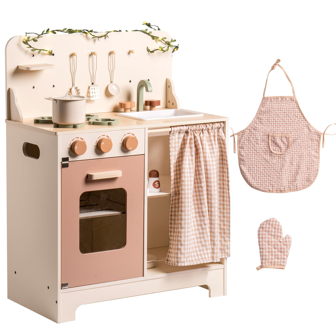 ROBOTIME Kinder-Holzküche in Rosa Creme, inklusive Schürze, Handschuh, Ofen und Wasserhahn, mit Vorh