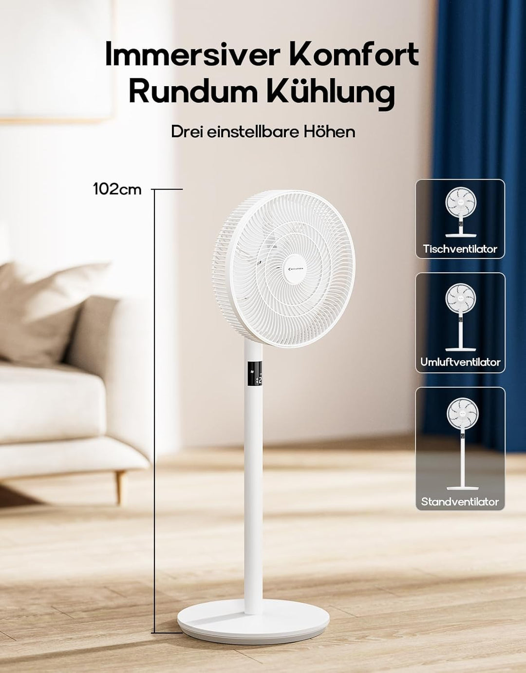 MYCARBON Standventilator sehr leise DC Motor 20dB 6.1 m/s LED Anzeige 12 Stufe Ventilator mit Fernbe