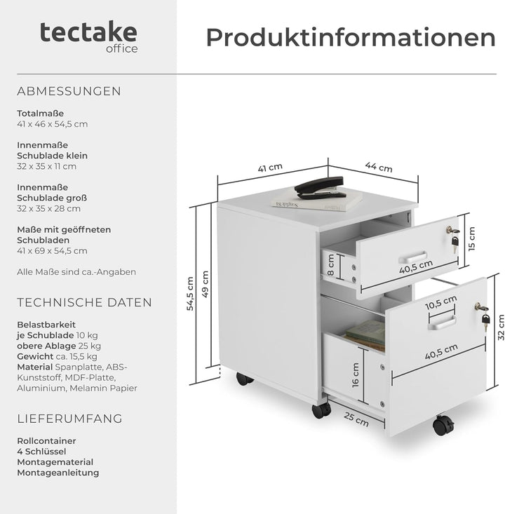 tectake® Rollcontainer mit Schubladen, Aktenschrank abschliessbar, Kommode mit Schubladen, Rollwagen