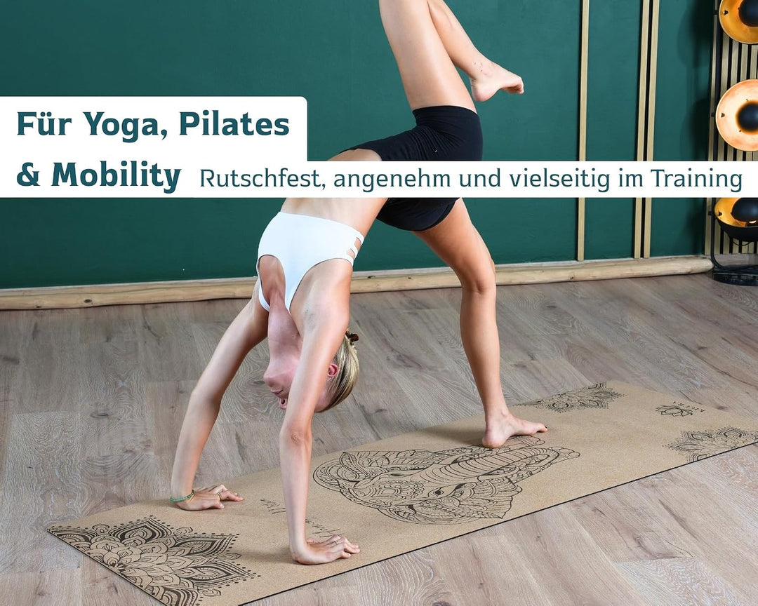 Yoga-Matte aus Kork &amp; Naturkautschuk mit Elefanten-Mandala – rutschfeste Premium-Matte, 4 mm dick, m