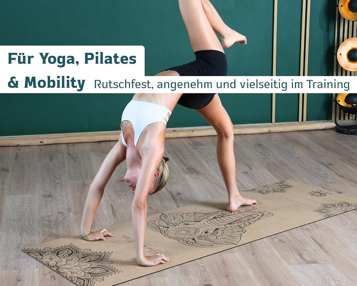 Yoga-Matte aus Kork &amp; Naturkautschuk mit Elefanten-Mandala – rutschfeste Premium-Matte, 4 mm dick, m