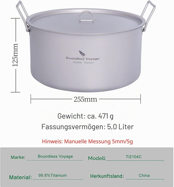 Boundless Voyage 5L Outdoor Camping Titan Topf Suppentopf mit Deckel Klappgriff Wandern Picknick Tra