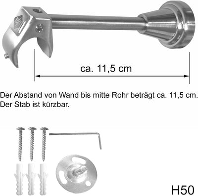 Edelstahl Look Gardinenstange 20mm Wandträger 1-läufig Kristall Spitze, Länge wählbar H50 E37 R, Län
