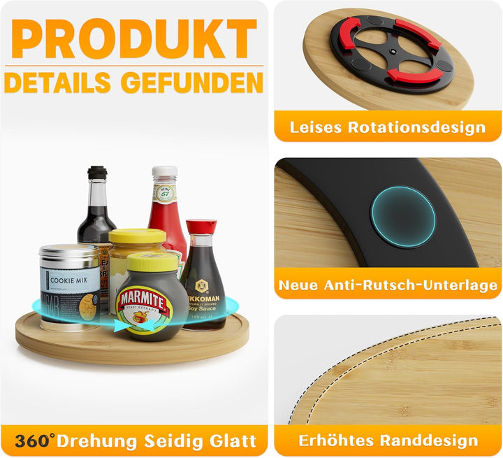 Homerays Bambus Drehteller Organizer Lazy Susan, Drehteller Küchen Organizer-22cm, Anti-Rutsch-Gewür