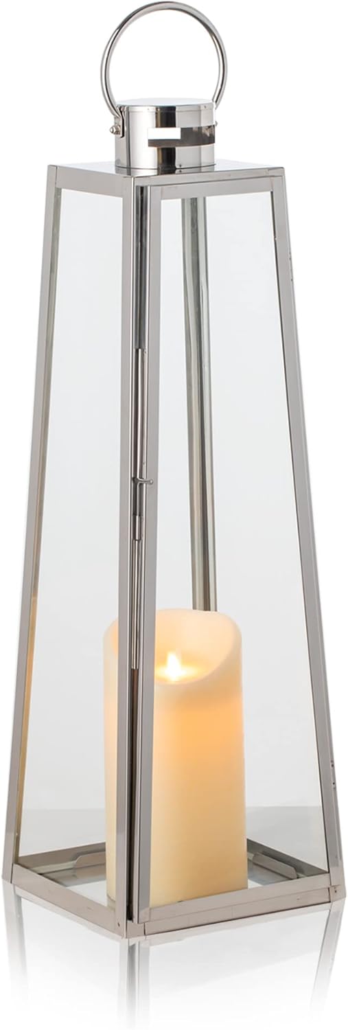 KHG Laterne 70 cm mit LED-Kerze in Silber aus Stahl/Glas, pyramidenförmig, praktischer Tragegriff Ke