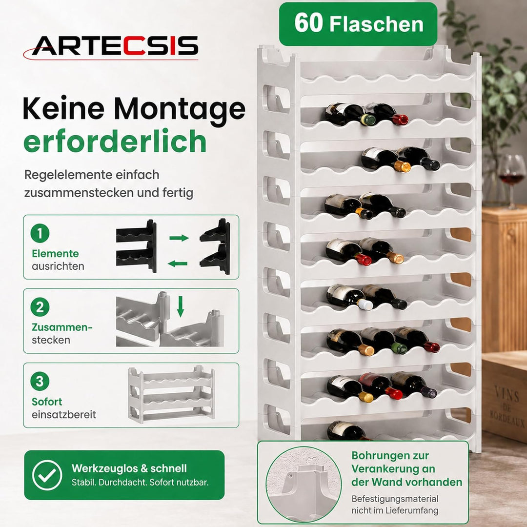 ARTECSIS Weinregal stapelbar Kunststoff für 60 Flaschen, stabiles Flaschenregal in Gastronomie-Quali