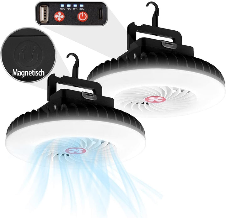 Semptec Urban Survival Technology Camping Licht: 2er-Set 3in1-Akku-LED-Lichter & Ventilatoren + USB-