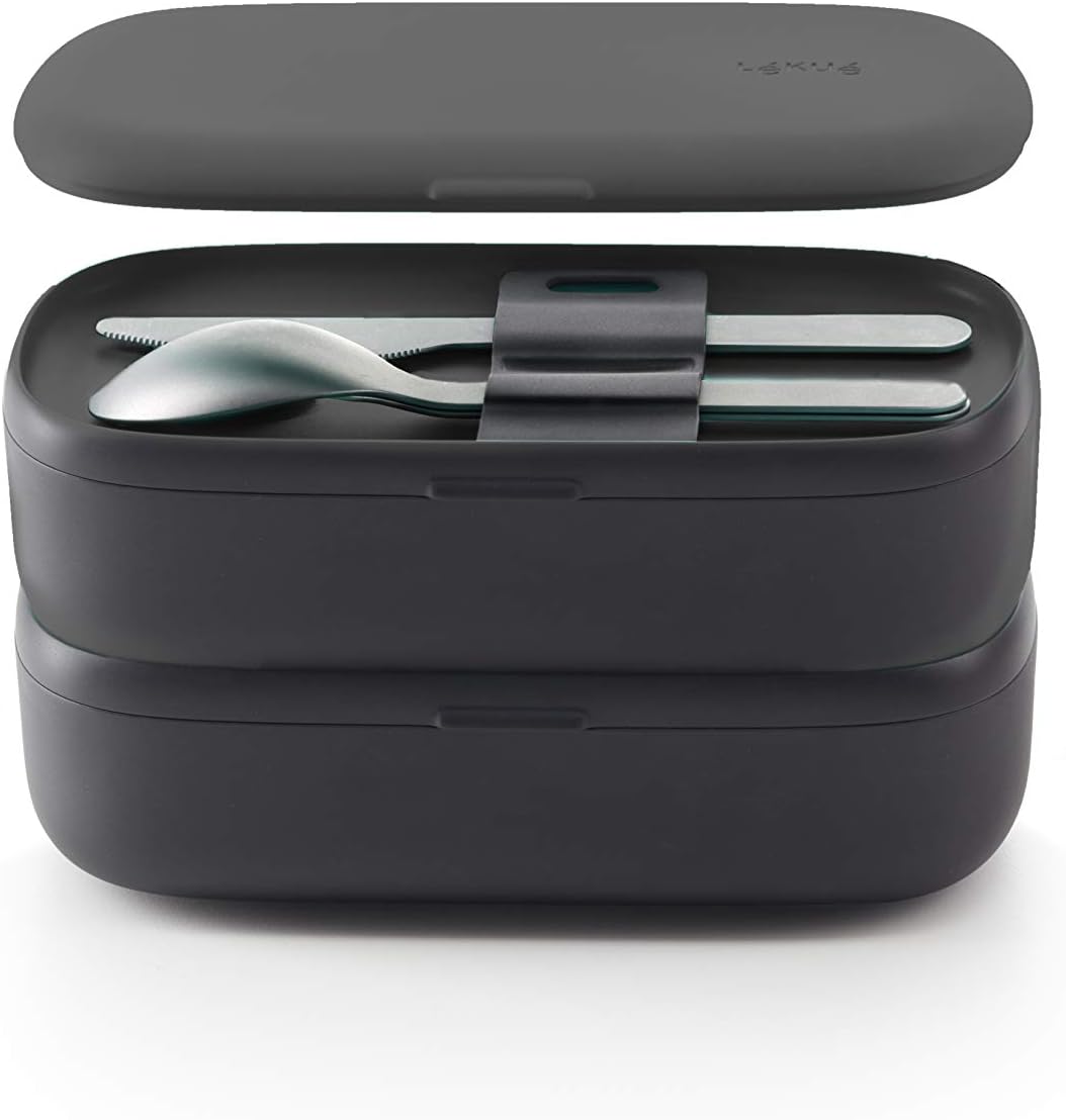 Lékué Hermetische Lunchbox für Lebensmittel mit Besteck, Polypropylen, schwarz, Standard, 19x10x11 c