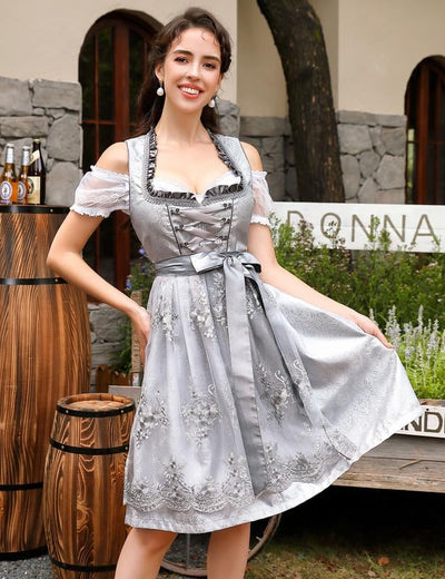 Clearlove Dirndl Damen Midi Trachtenkleid 3tlg mit Schürze und Bluse Trachtenmode Kleid für Oktoberf