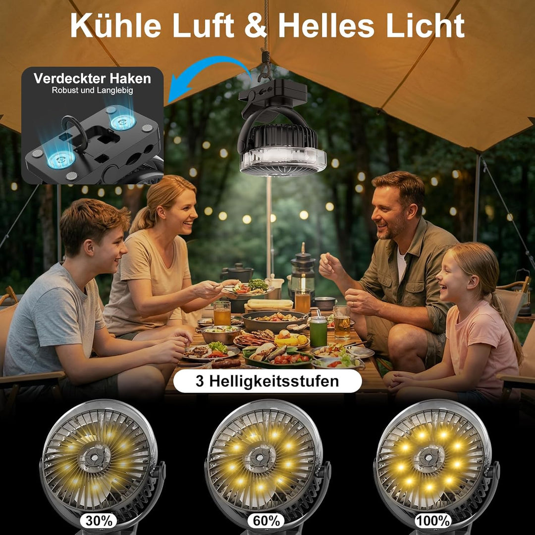 ELZO 12000mAh Campingventilator, USB-Tischventilator mit LED-Licht & Sprühfunktion, Aufhängehaken un