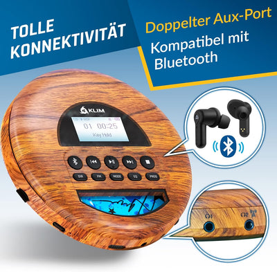 KLIM Nomad Wood - NEU 2023 - Tragbarer CD-Player Discman - langlebigem Akku - Inklusive KLIM Fusion