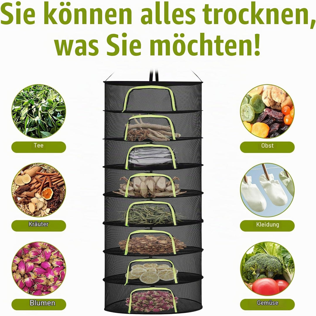 8 Lagiges Trockennetz Kräuter, 200 cm Kräutertrockner Hängend, Trocknungsnetz mit S Haken und Reissv