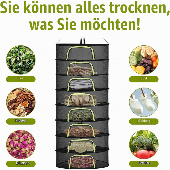 8 Lagiges Trockennetz Kräuter, 200 cm Kräutertrockner Hängend, Trocknungsnetz mit S Haken und Reissv