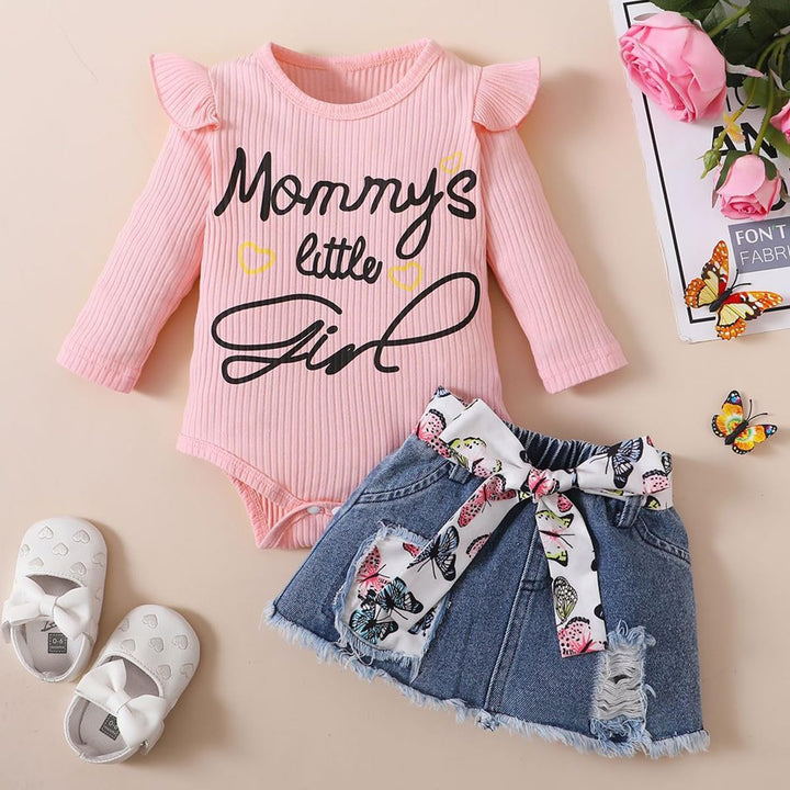 Vestiti Set per Neonata Manica Corta/Lunga Stampa a Lettere Tutina a Coste +Gonna in Denim Abbigliam