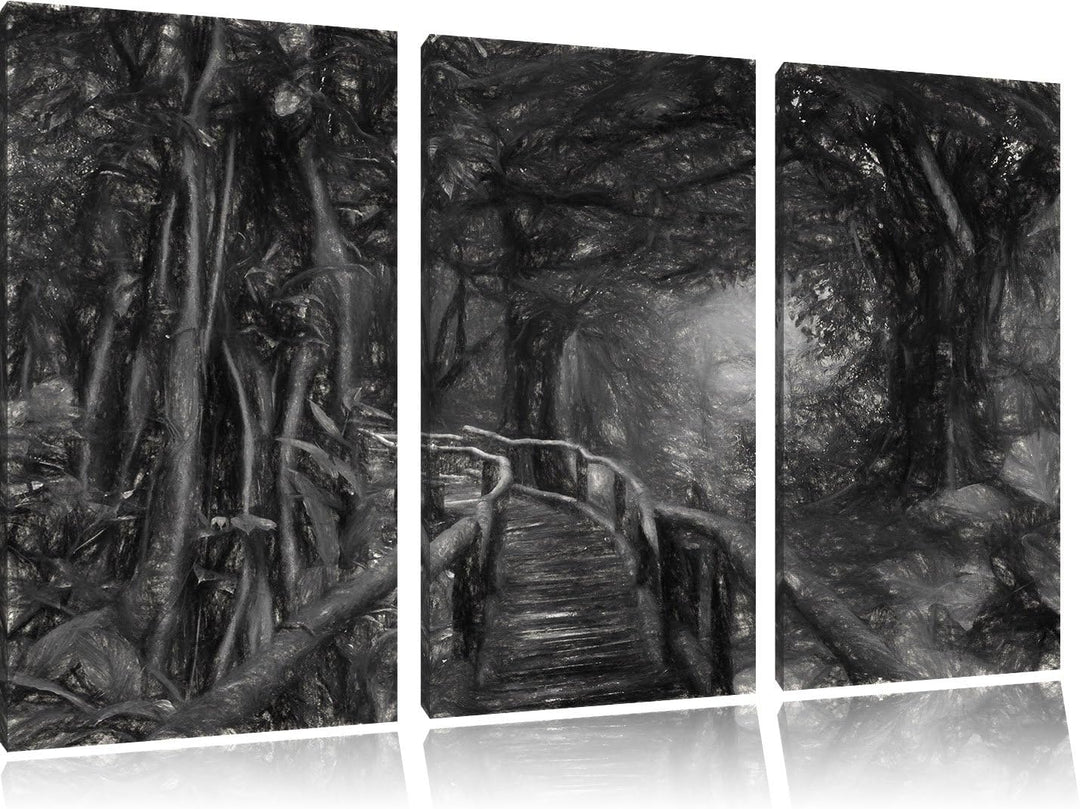 Pixxprint der Weg durch den traumhaften Tropenwald Kunst Kohle Effekt 3-Teiler Leinwandbild 120x80 B
