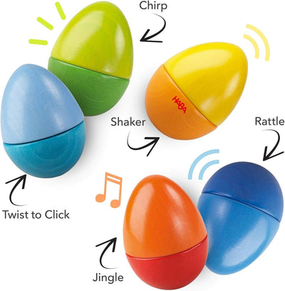 HABA 7733 - Musikeier, 5 farbenfrohe Rasseleier, aus Holz, zur Förderung der musikalischen Entwicklu