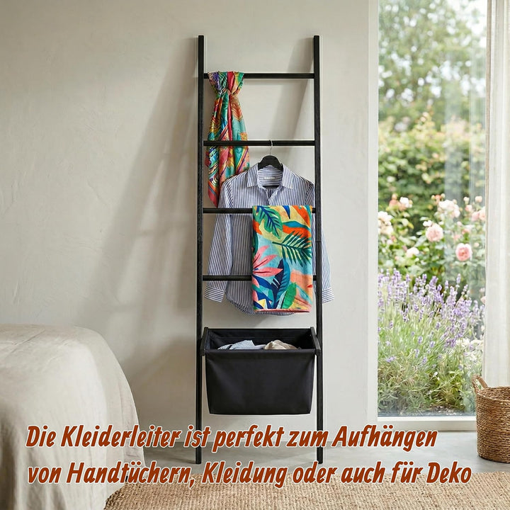 Relaxdays Handtuchleiter, 4 Sprossen, Wäschekorb, HxB: 170 x 50 cm, schwarz | Walnussholz, Badezimme