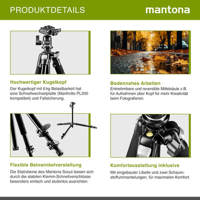 Mantona Basic Scout Fotostativ, Kamerastativ bis 144cm, inkl. robuster Kugelkopf, Wasserwaage, umkeh