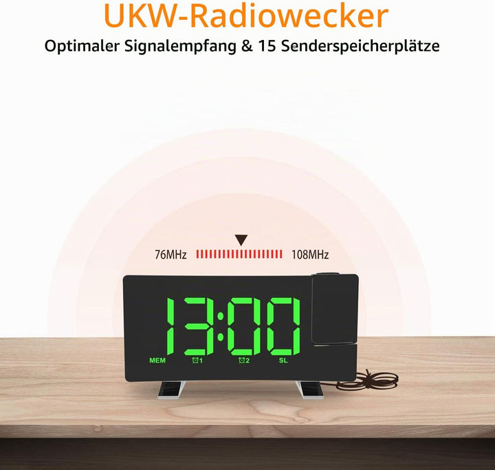 ThreeH Projektionswecker LED-Bildschirm 4 einstellbare Helligkeit Digitale Funkuhr mit USB-Telefon-L