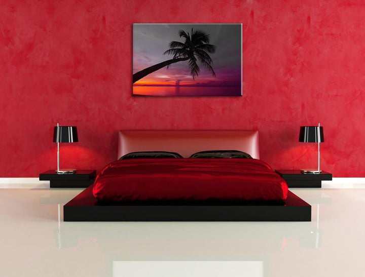 Pixxprint Palme am Meer mit Sonnenuntergang als Leinwandbild/Grösse: 100x70 / Wandbild/Kunstdruck/fe