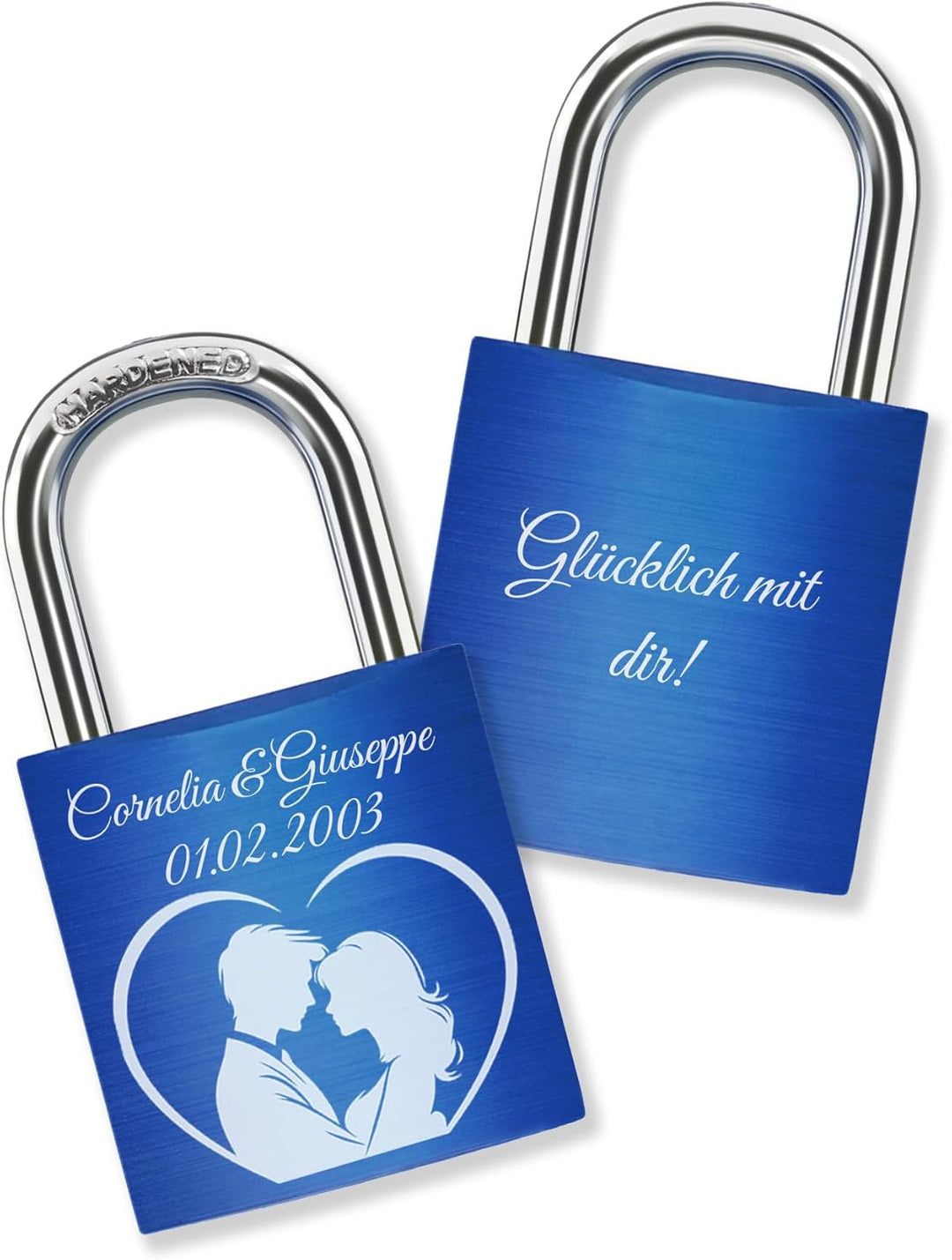 Liebesschloss mit Gravur + 2 Schlüssel - Blau - frei gestaltbar mit vielen Farben, Pärchenmotiven &