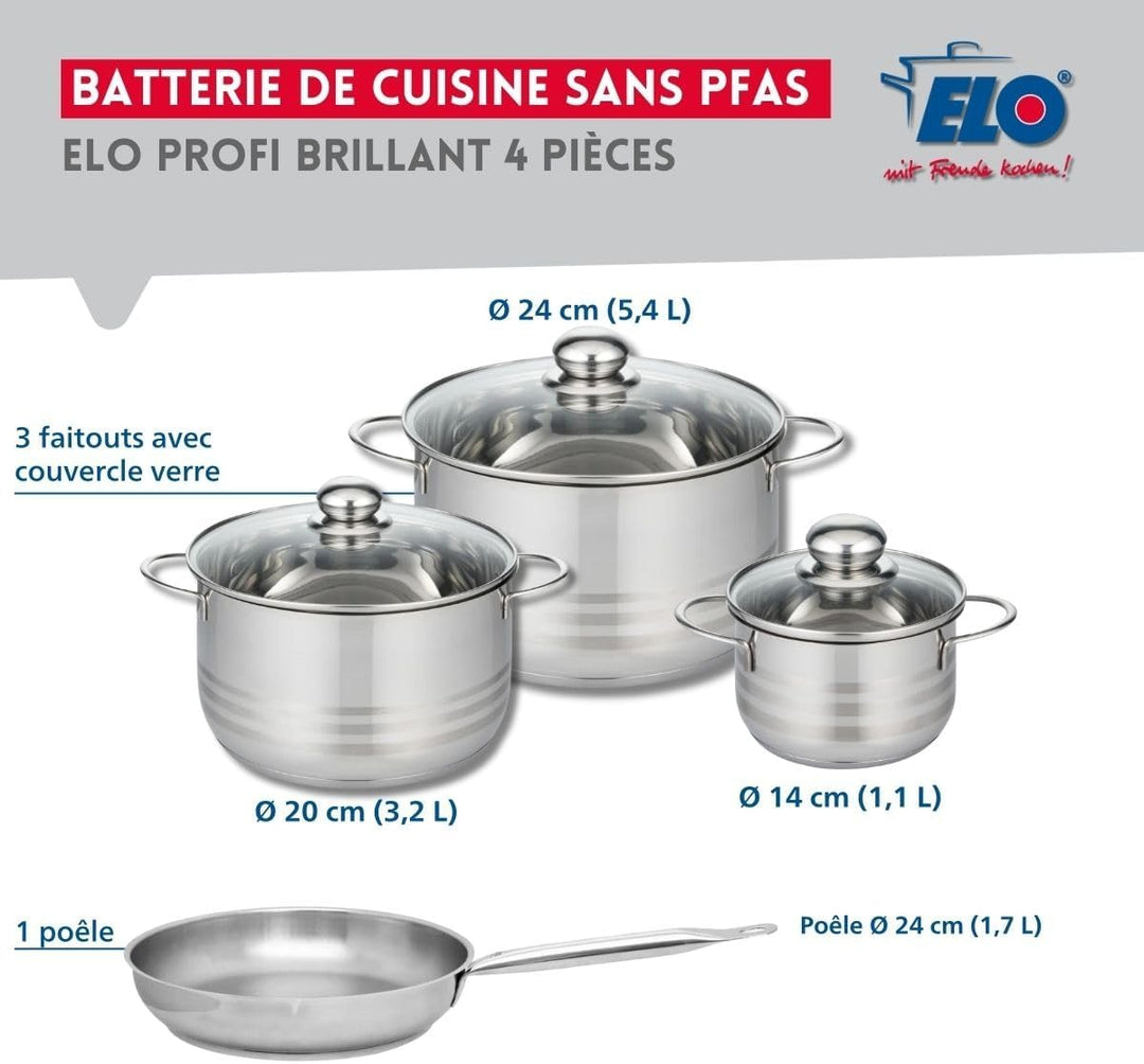 ELO 9868250 Kochgeschirr-Set, 4-teilig, 1 Bratpfanne 24 cm und 3 Kochtöpfe 14, 20 und 24 cm, Elo Pro