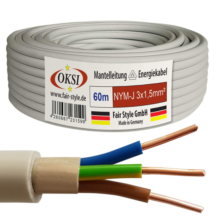 OKSI 60m NYM-J 3x1,5 mm² Mantelleitung Feuchtraumkabel Elektrokabel Kupfer Made in Germany, 60m NYM-