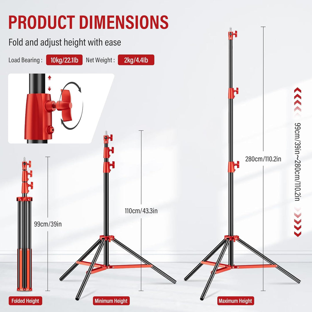 Soonpho Lichtstativ Vollmetall Puffer Druckstativ 9,1 ft/280cm Light Stand Bunt 10kg Tragkraft für O
