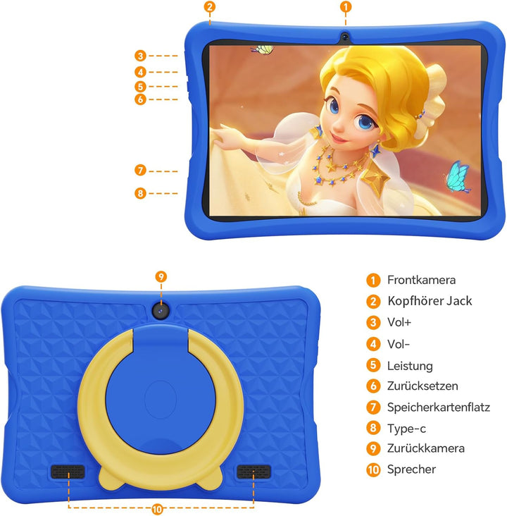 DigiLand 10,1-Zoll-Kinder-Tablet, Android 15-Tablets mit Schutzhülle, RAM 6GB + ROM 32GB, 1280 * 800