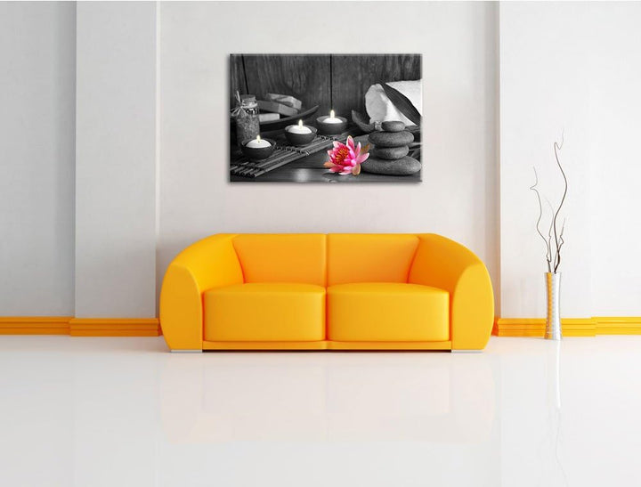 Kerzen mit Seerose und Zen Steinen schwarz/weiss Format: 100x70 auf Leinwand, XXL riesige Bilder fer