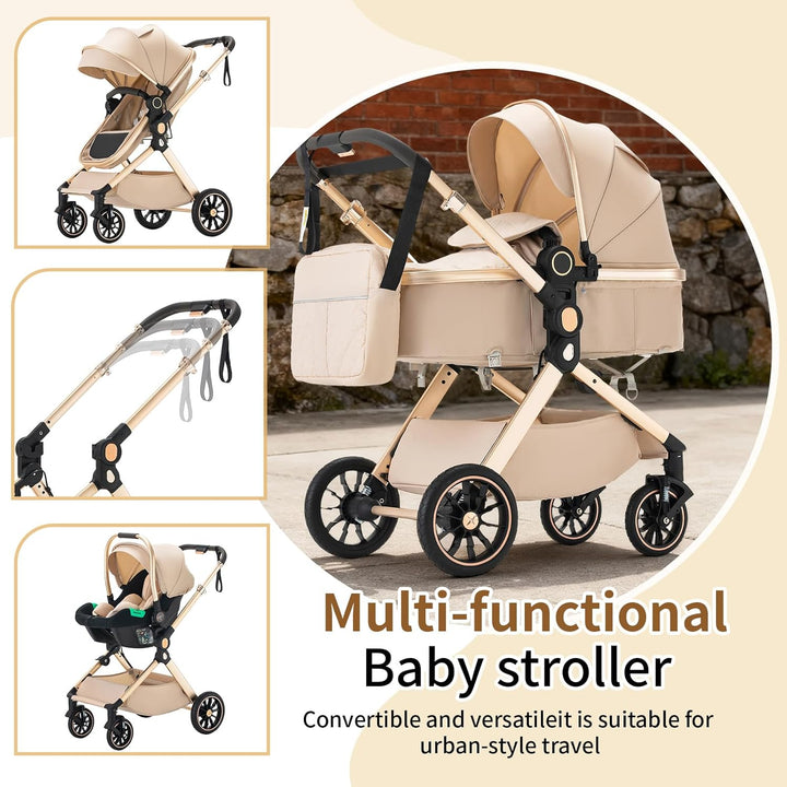 Kinderwagen 3 in 1 Komplettset Baby Kombikinderwagen bis 22kg, Zusammenklappbar, Grosse Gummireifen,