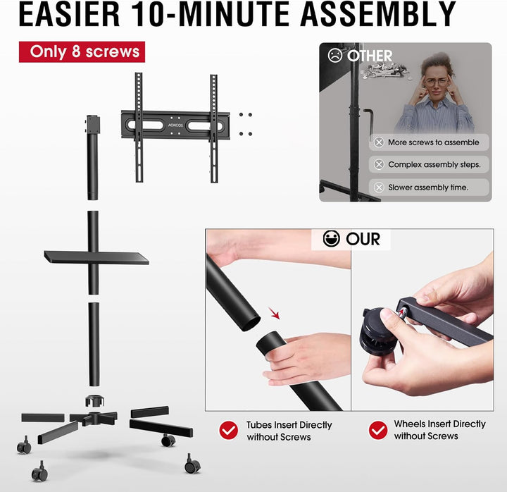 AOKCOS TV Ständer Rollbar für 32-65 Zoll Fernseher, TV Wagen mit Tablett, Fernsehständer Höhenverste