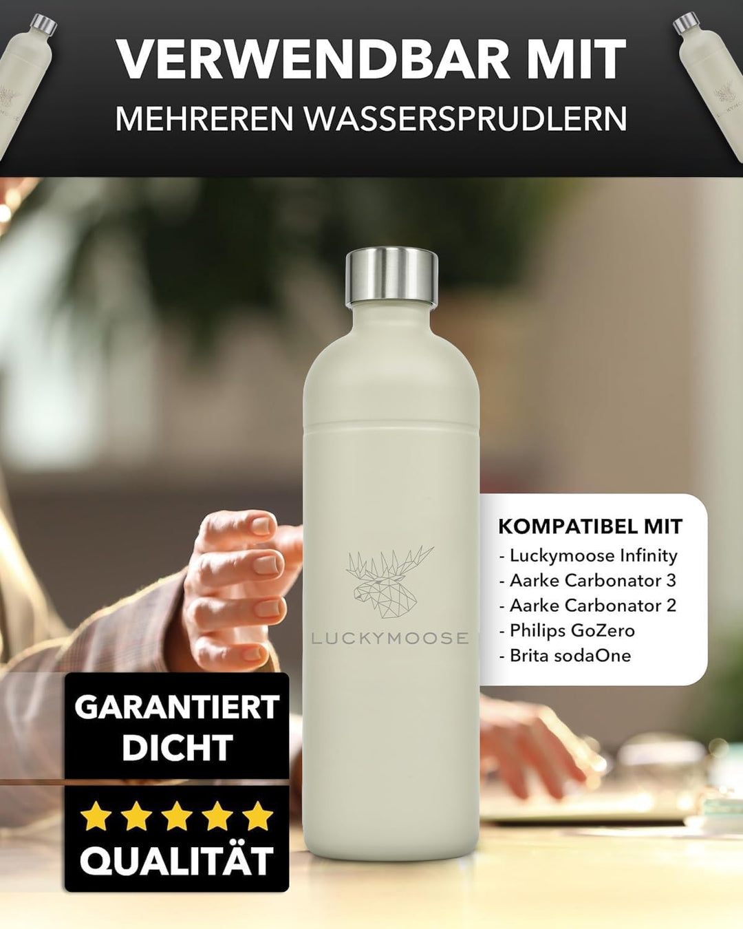 Luckymoose Infinity 2x Edelstahlflaschen Wassersprudler 1,25L – Kompatibel mit der LM Infinity Serie