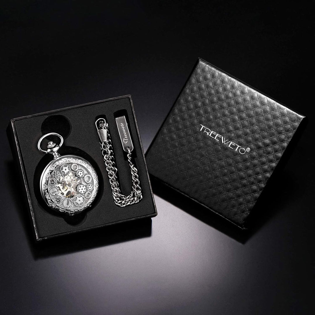 TREEWETO Unisex Taschenuhr mit Kette Analog Handaufzug Antik Zahnrad verziert Römische Silber