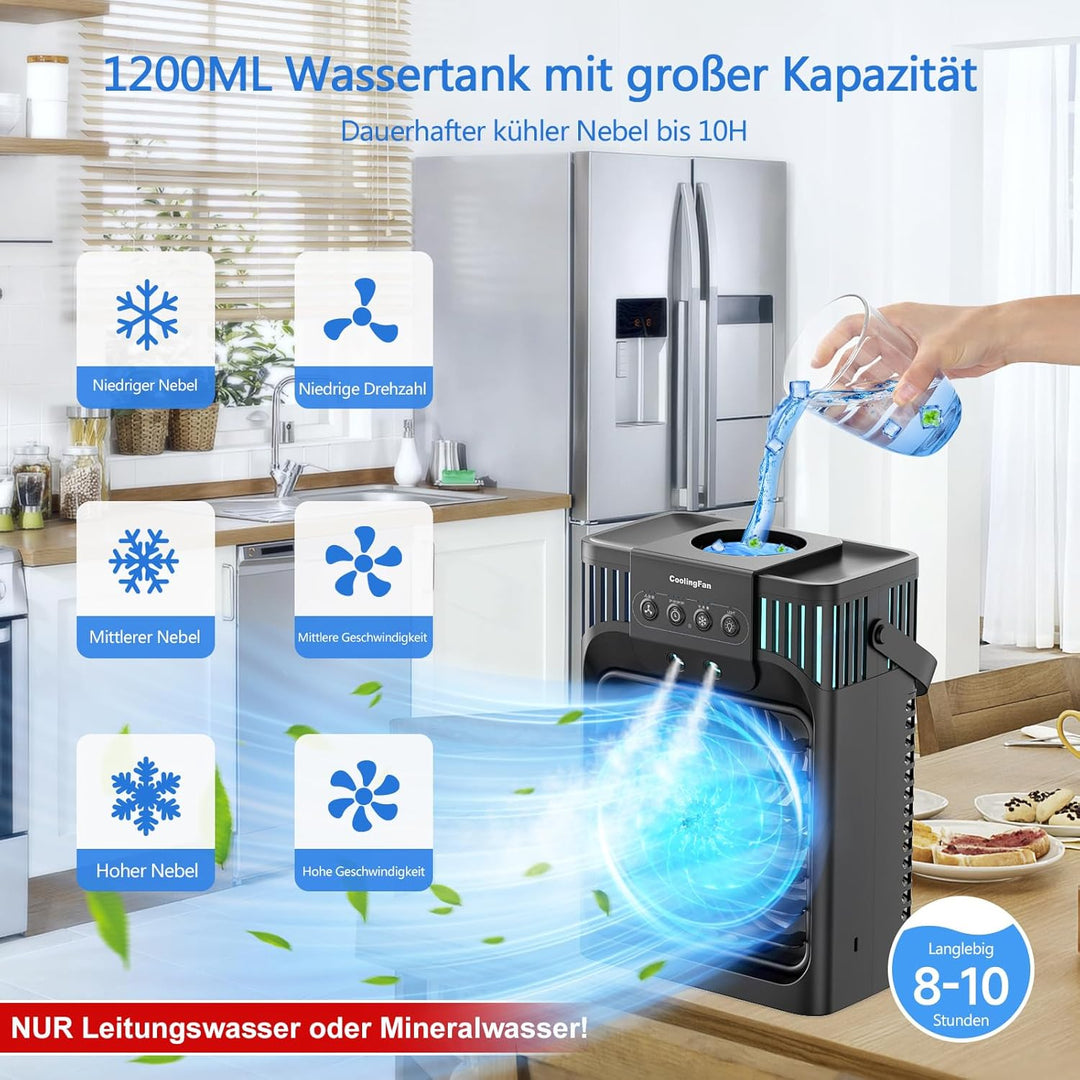 Mobile Klimaanlage mit Fernbedienung,1200 ML Mini Luftkühler mit 3 Luftgeschwindigkeiten & 3 Kühlneb